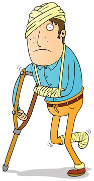 injured man with crutch and bandages clip art preview