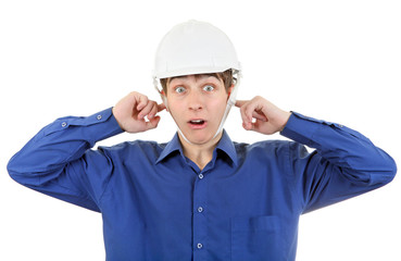 Man in Hard Hat with Closed Ears
