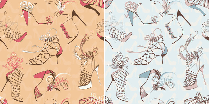 Two seamless patterns with high-heeled sandals