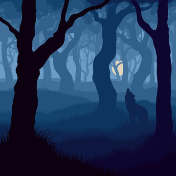 Square illustration of wolf howling at moon.