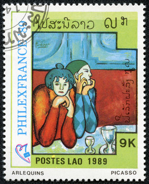 stamp shows painting "Harlequins; by Pablo Picasso