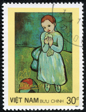 stamp shows painting by Pablo Picasso "Girl with dove"