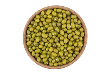 Raw mung beans in wooden bowl isolated on white