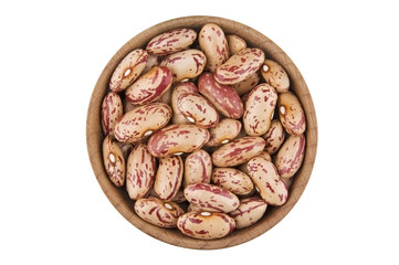 Multicolored kidney beans in wooden bowl isolated on white