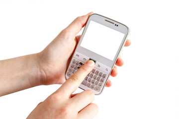 Hands holding white smart phone