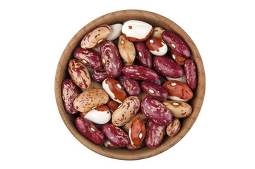 Multicolored kidney beans mix in wooden bowl isolated on white
