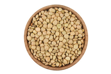 Green lentils in wooden bowl isolated on white