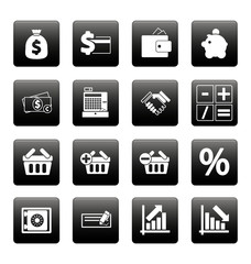 Finance icons on black squares
