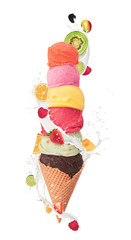 Ice cream with milk splash and pieces of fruit on white backgrou