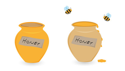 cup of honey and flying bee
