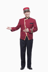 Portrait of Bellhop, Greeting, studio shot