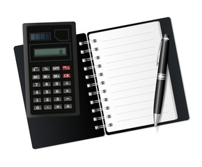 Open notebook, calculator and pen.