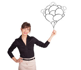 Happy woman holding balloons drawing
