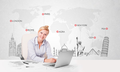 Beautiful businesswoman with world map and major landmarks of th