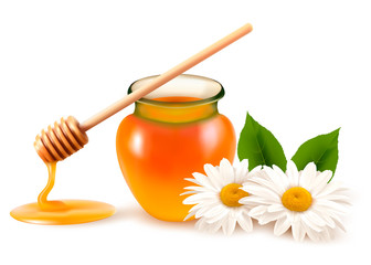 Jar of honey and a dipstick with flower. Vector.