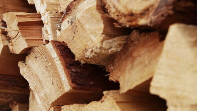 Panoramic close-up firewood, camera movement along the slider