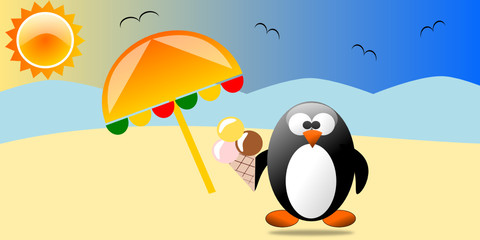 Penguin on beach, vector illustration
