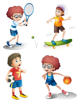 Four boys performing different sports