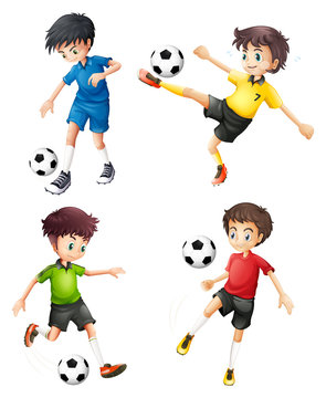 Four soccer players in different uniforms