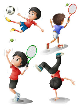 Four boys playing different sports