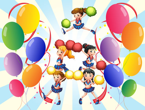 A cheering squad in the middle of the balloons