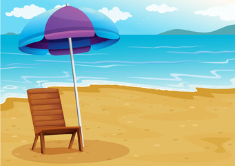 A beach with a relaxing wooden chair under an umbrella