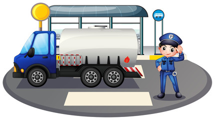 Fototapeta premium A policeman with a vehicle at the road
