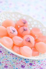 Homemade sweets with cherry blossom (Sakura), selective focus
