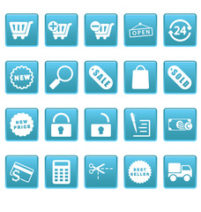 Shopping icons on blue squares