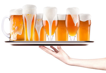 beer on a silver tray with waitress hand