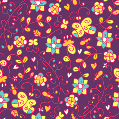 Bright seamless pattern with flowers and butterflies