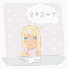 Illustration of a young girl sat at her desk writing in a book