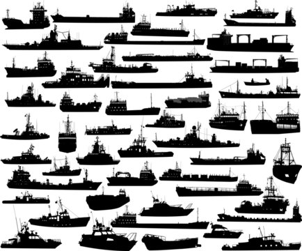 Set of 50 silhouettes of sea yachts, towboat and the ships