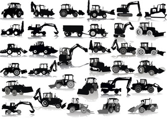Set of 32 silhouettes of a tractors of road service