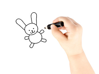 Child draw a funny rabbit