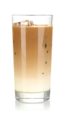 Cold coffee with ice in glass isolated on white