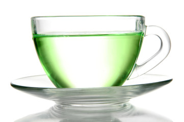 Transparent cup of green tea, isolated on white