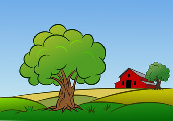 An illustration of tree and barn in the farm