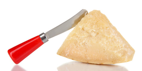 Piece of Parmesan cheese with knife isolated on white