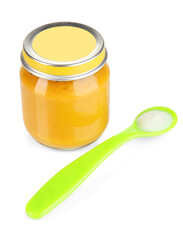 Color spoon for baby food with baby nutrition isolated on white