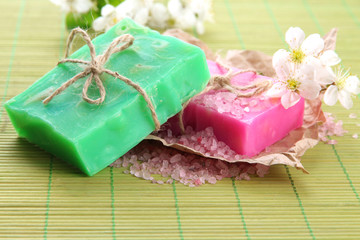 Natural handmade soap on bamboo mat