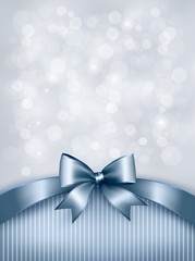 Holiday blue background with gift glossy bow and ribbon. Vector