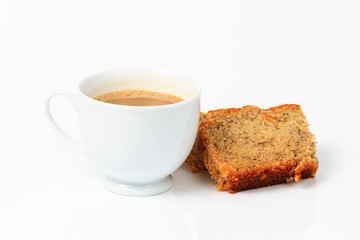 coffee and banana bread isolated on white background