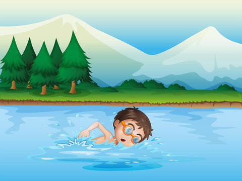 A boy swimming at the river