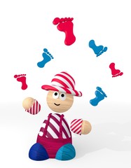 3d graphic of a happy discount sign juggled by a clown