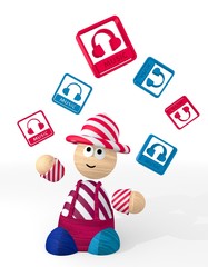 3d graphic of a happy discount sign juggled by a clown