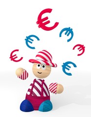 3d graphic of a happy discount sign juggled by a clown