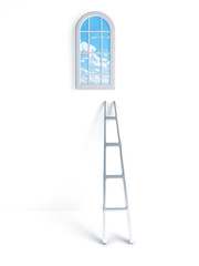 ladder against the wall and the window with clouds and blue sky