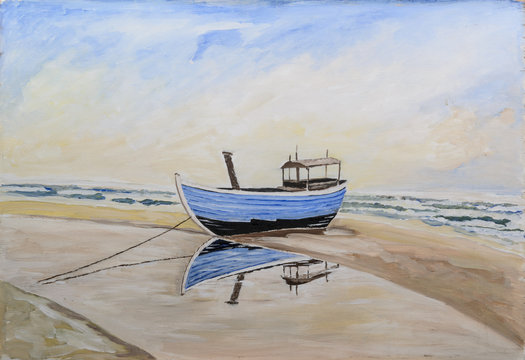 fishing boat on beach - original painting oil on wood