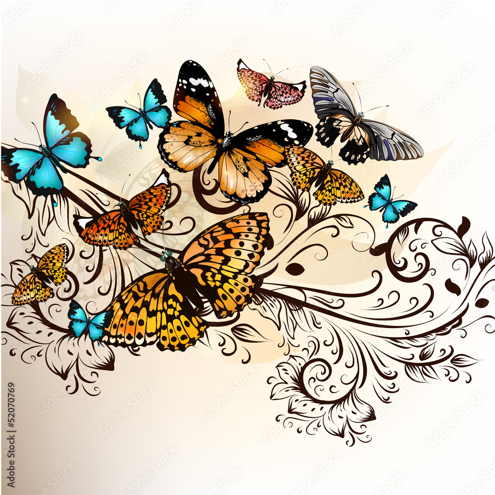 Poster Beautiful vector background with butterflies and ornament